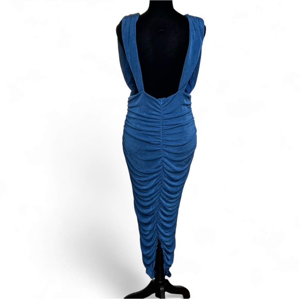 FASHION NOVA Blue Ruched Backless Maxi Dress V Neck Sleeveless XL NWT - Picture 4 of 8